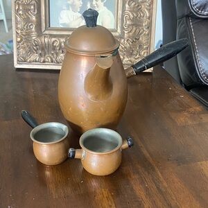 Antique Copper-Coffee Percolator Set with creamer pitcher /sugar. Danish.
